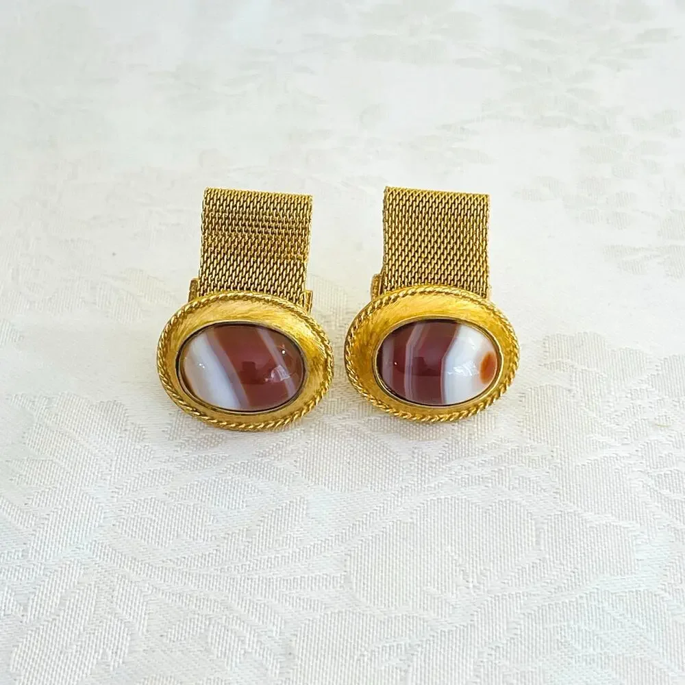 Cufflinks Vtg DANTE 70s Oval Banded Agate Cabochon Swag Mesh Gold Tone